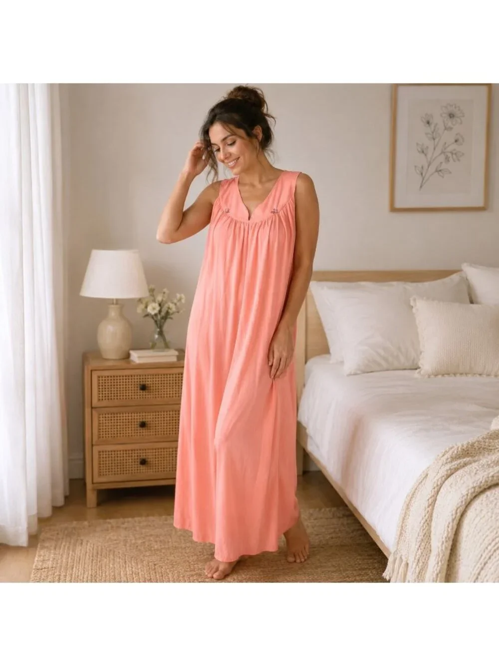 Peach Semi Sheer Maxi Nightgown VTG Size M 60s Floral Embroidered Sleeveless